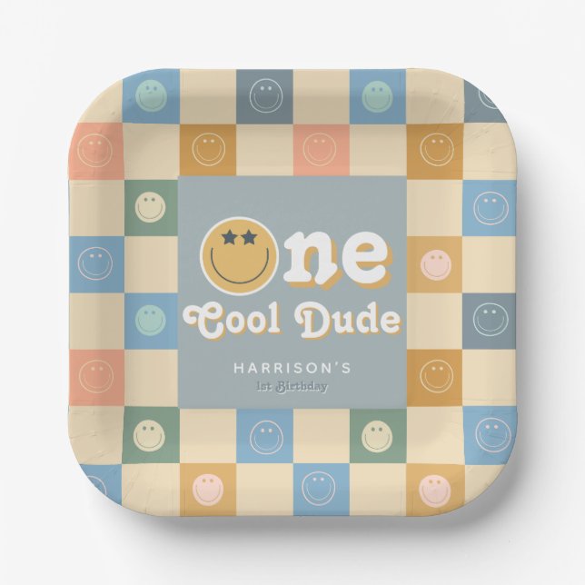 Cute Retro One Cool Dude Boys 1st Birthday  Paper Plate (Front)