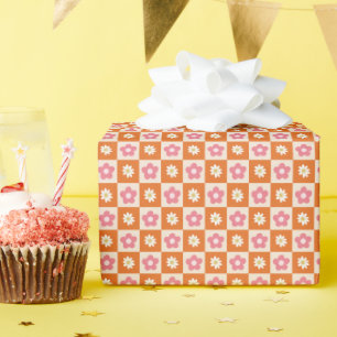 Cute Retro Orange Pink Daisy Checkerboard Pattern Wrapping Paper