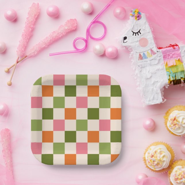 Cute Retro Orange Pink Green Chequerboard Pattern Paper Plate (Party)