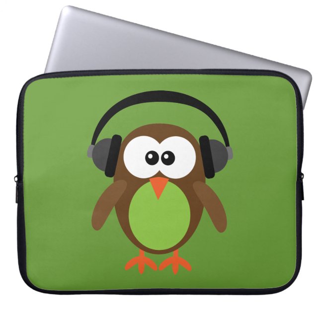 Cute Retro Owl DJ with Headphones Laptop Sleeve (Front)