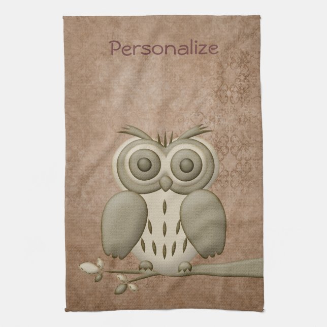 Cute Retro Owl Personalised Kitchen Towel (Vertical)