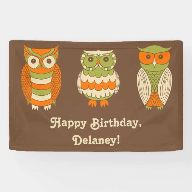 Cute Retro Owls Brown Personalised Banner (Horizontal)