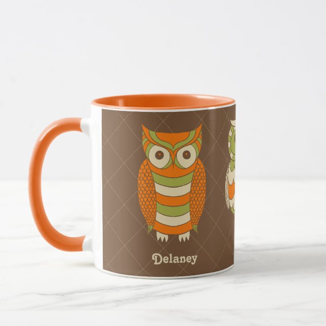 Cute Retro Owls Personalised Mug (Left)