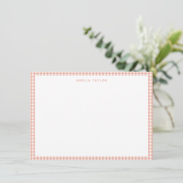 Cute Retro Peach Pink Gingham Plaid Personalised Card (Standing Front)