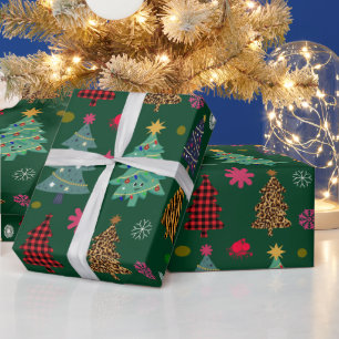 Cute Retro Pink and Green Christmas Tree Wrapping Paper