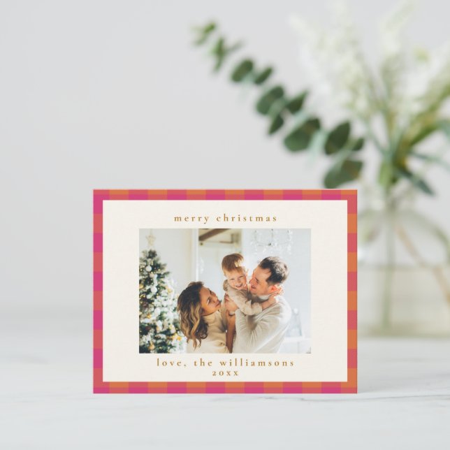 Cute Retro Pink and Orange Plaid Christmas Photo Holiday Card (Standing Front)