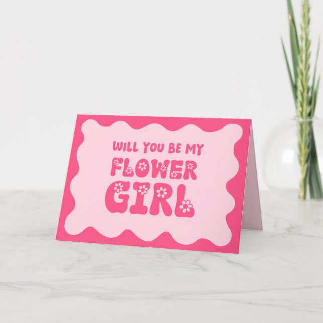 Cute Retro Pink Be My Flower Girl Proposal  Card (Front)