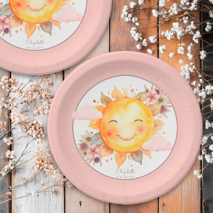 Cute Retro Pink Boho Flowers Sunshine Baby Shower Paper Plate