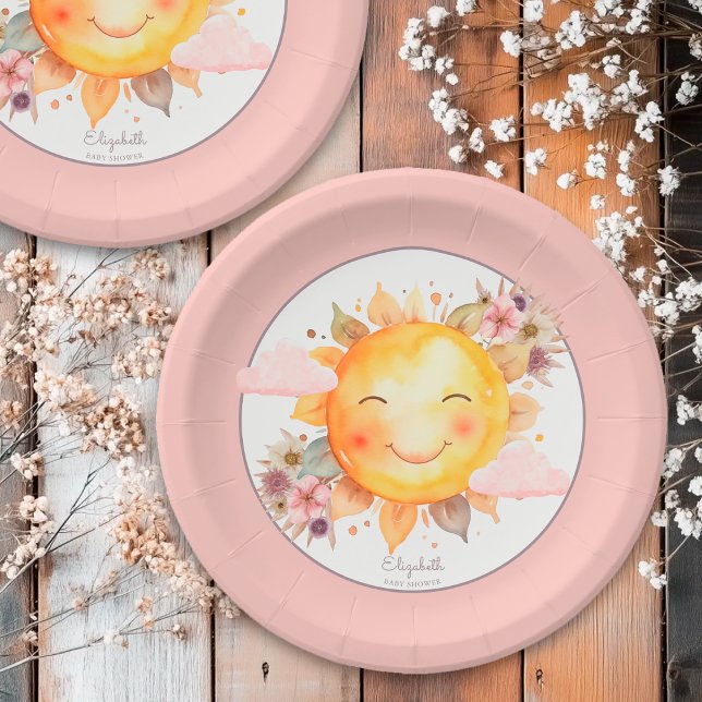 Cute Retro Pink Boho Flowers Sunshine Baby Shower Paper Plate (Creator Uploaded)