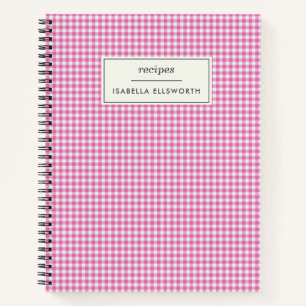 Cute Retro Pink Gingham Plaid Personalised Recipe  Notebook