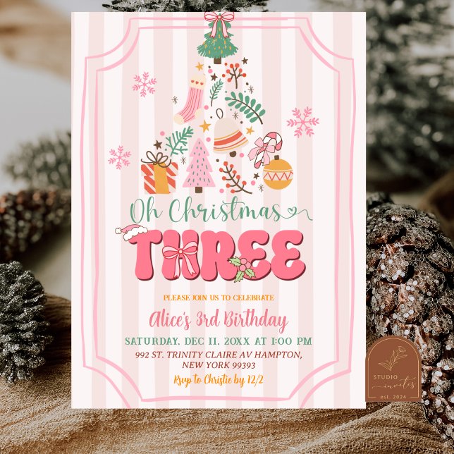 Cute Retro Pink Girl O Christmas Three Birthday Invitation (Creator Uploaded)