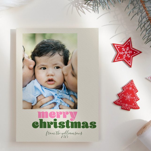 Cute Retro Pink Green Custom Photo Merry Christmas Holiday Card (Creator Uploaded)