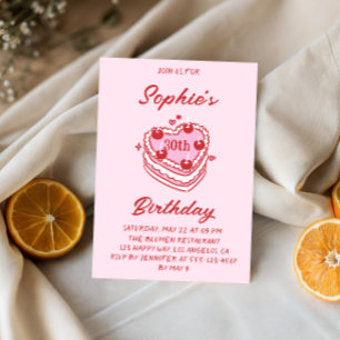 Cute Retro Pink Heart Cake 30th Birthday Party Invitation