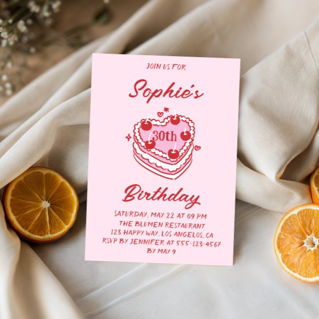 Cute Retro Pink Heart Cake 30th Birthday Party Invitation (Creator Uploaded)