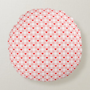 Cute Retro Pink Heart Gingham Plaid pattern Round Cushion