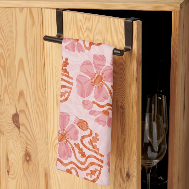 Cute Retro Pink-Orange Abstract Flower Tea Towel (Thirds Fold)