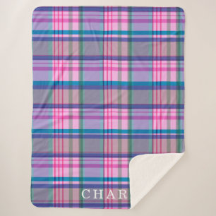 Cute Retro Pink Plaid Pattern Personalised Name  Sherpa Blanket
