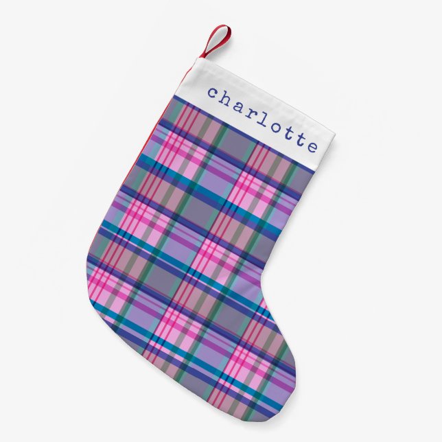 Cute Retro Pink Plaid Pattern Personalised Name  Small Christmas Stocking (Front (Hanging))