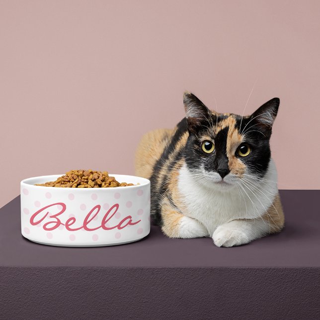 Cute Retro Pink Polka Dots Cat Kitty Pet Name Food Bowl (Cute Retro Pink Polka Dots Cat Kitty Pet Name Food Bowl)