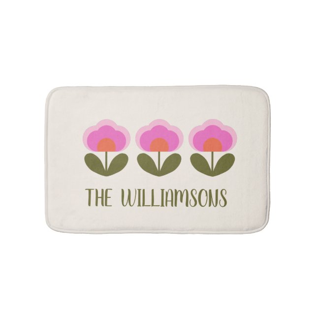 Cute Retro Pink Scandinavian Flower Personalised Bath Mat (Front)