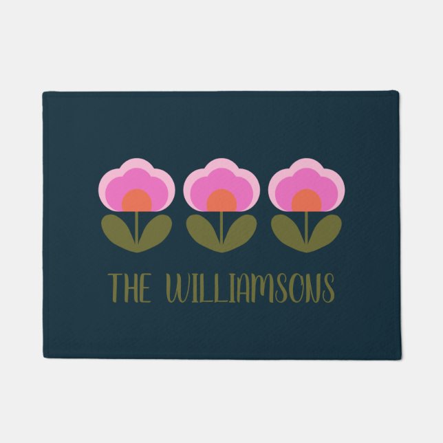 Cute Retro Pink Scandinavian Flower Personalised  Doormat (Front)