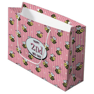 Cute Retro Pink Striped Bumblebee Birthday Large Gift Bag
