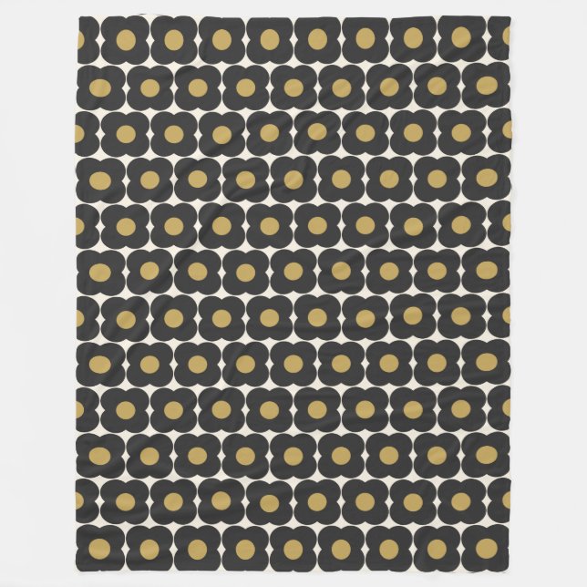 Cute Retro Pop Flower Pattern | Black and Gold  Fleece Blanket (Front)