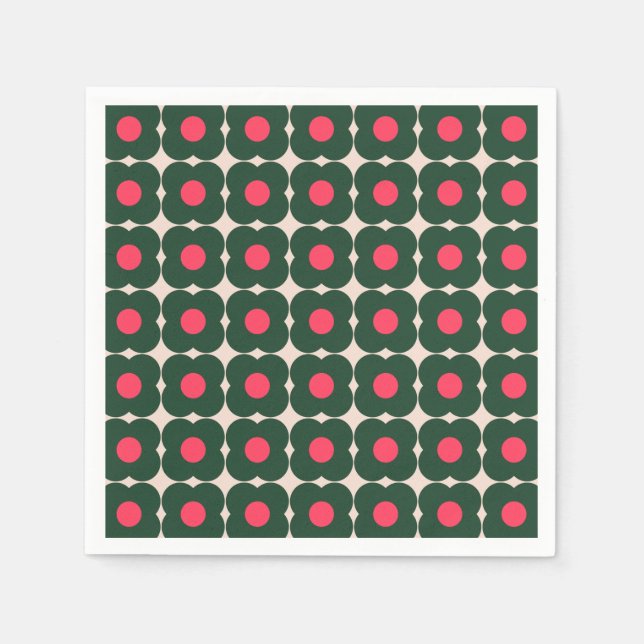 Cute Retro Pop Flower Pattern Christmas Green Pink Napkin (Front)