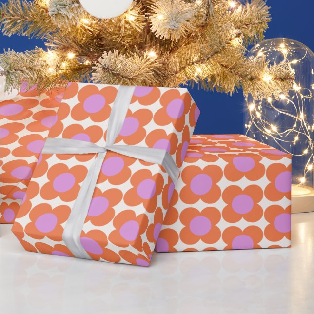 Cute Retro Pop Flower Pattern Pink and Orange  Wrapping Paper (Holidays)
