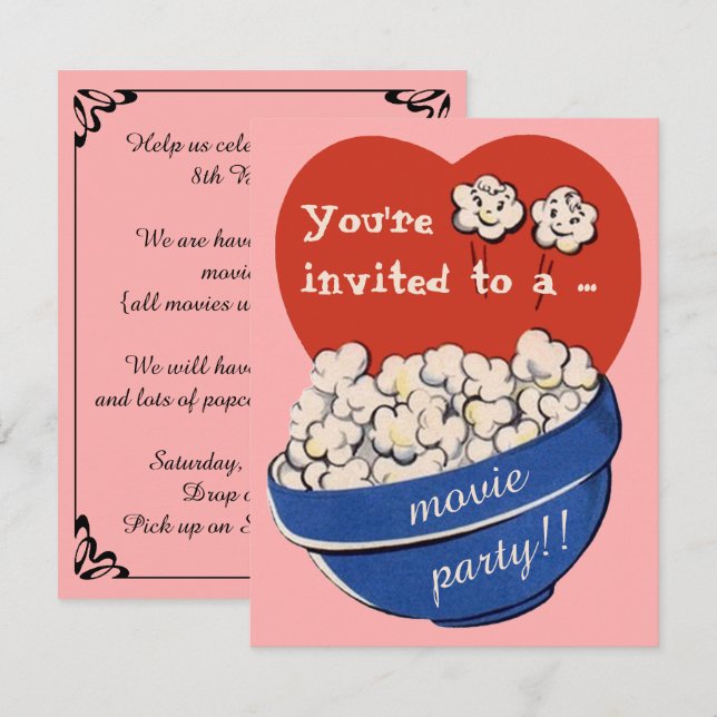 Cute Retro Popcorn and Movie Night Birthday Party Invitation (Front/Back)