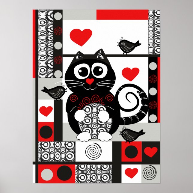 Cute retro poster with cat, birds, hearts and dots (Front)