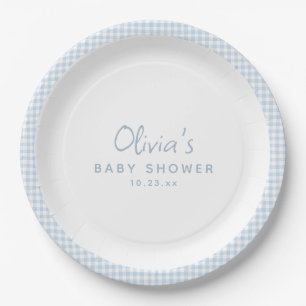 Cute Retro Preppy Light Blue Gingham Baby Shower Paper Plate