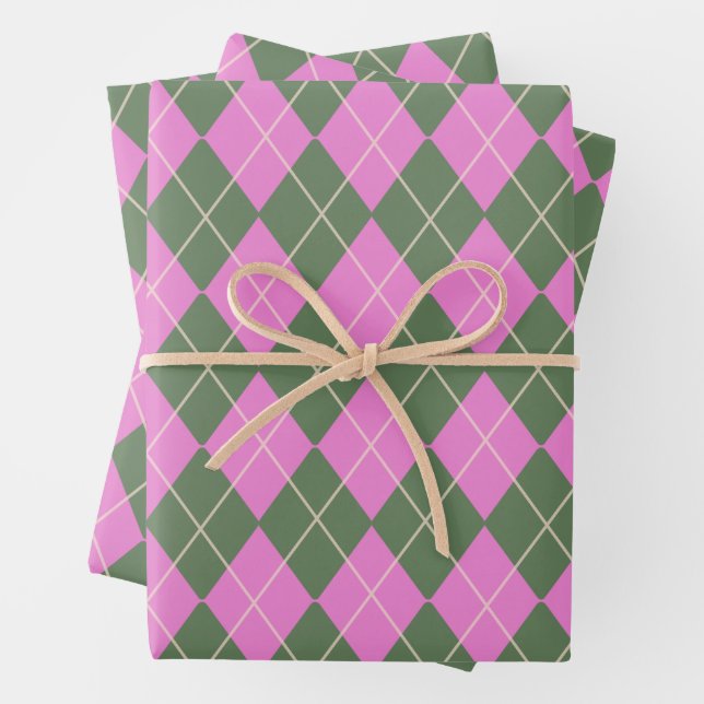 Cute Retro Preppy Pink and Green Argyle Pattern  Wrapping Paper Sheet (In situ)
