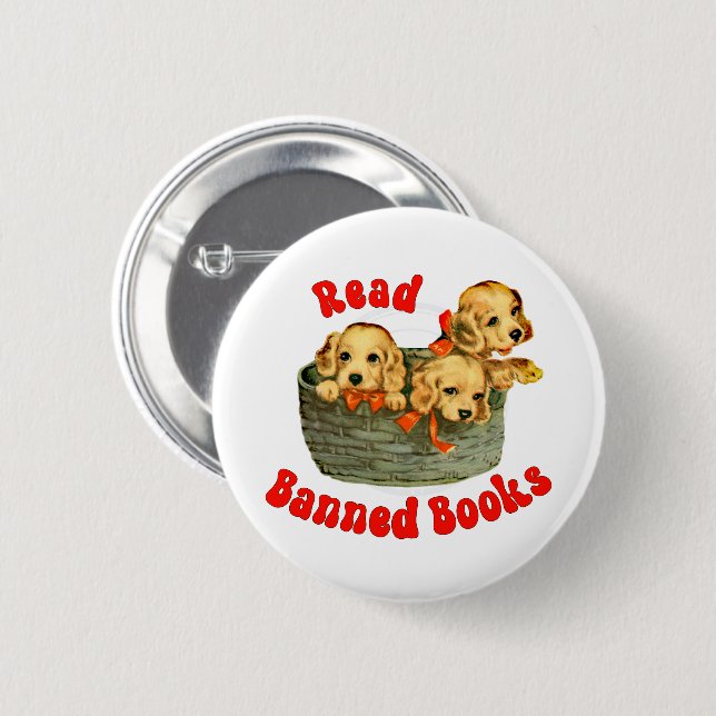 Cute Retro Puppies - Read Banned Books 6 Cm Round Badge (Front & Back)