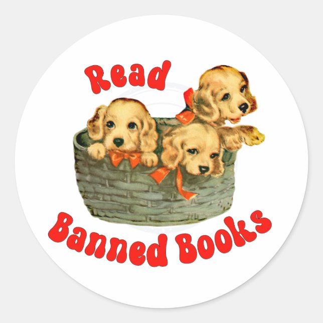 Cute Retro Puppies - Read Banned Books Classic Round Sticker (Front)