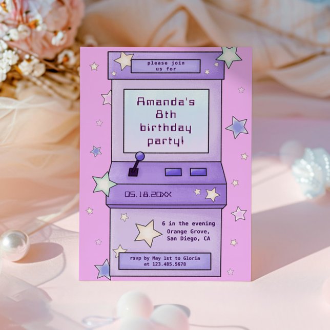 Cute Retro Purple Arcade Game Kids Birthday Invitation (Creator Uploaded)