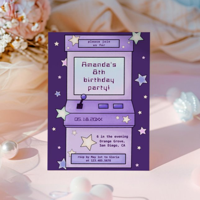 Cute Retro Purple Arcade Game Kids Birthday Invitation (Creator Uploaded)