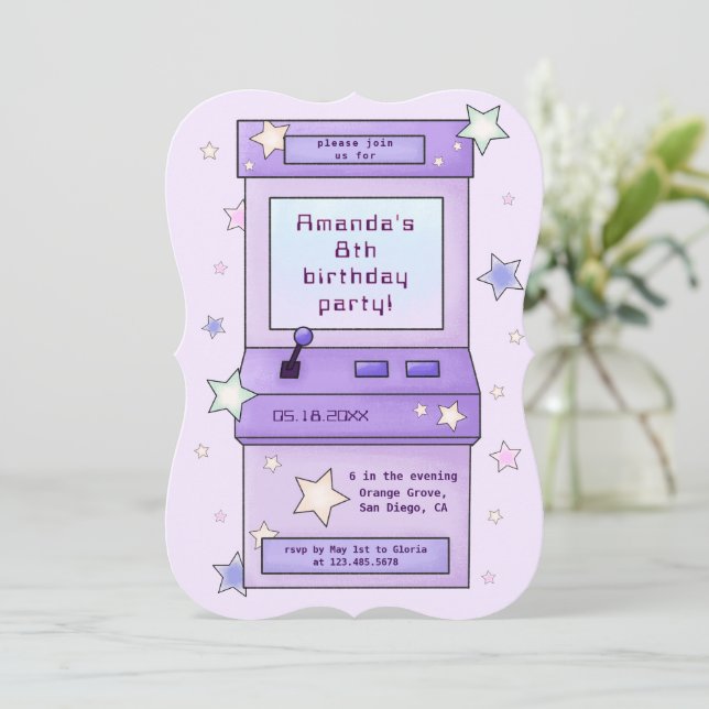 Cute Retro Purple Arcade Game Kids Birthday Invitation (Standing Front)