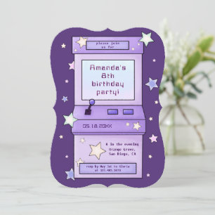 Cute Retro Purple Arcade Game Kids Birthday Invitation