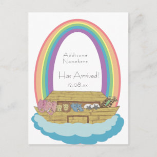 Cute Retro Rainbow Noah Ark Baby birth Announcer P Postcard