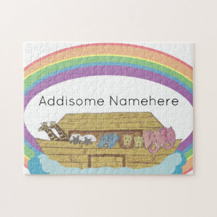 cute retro Rainbow Noah's Ark on White Jigsaw Puzzle