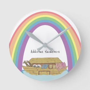 Cute retro Rainbow Noah's Ark on White Round Clock
