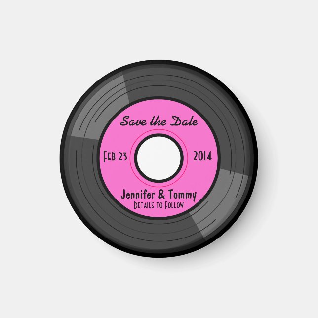 Cute Retro Record Save the Date Magnet - Pink (Front)