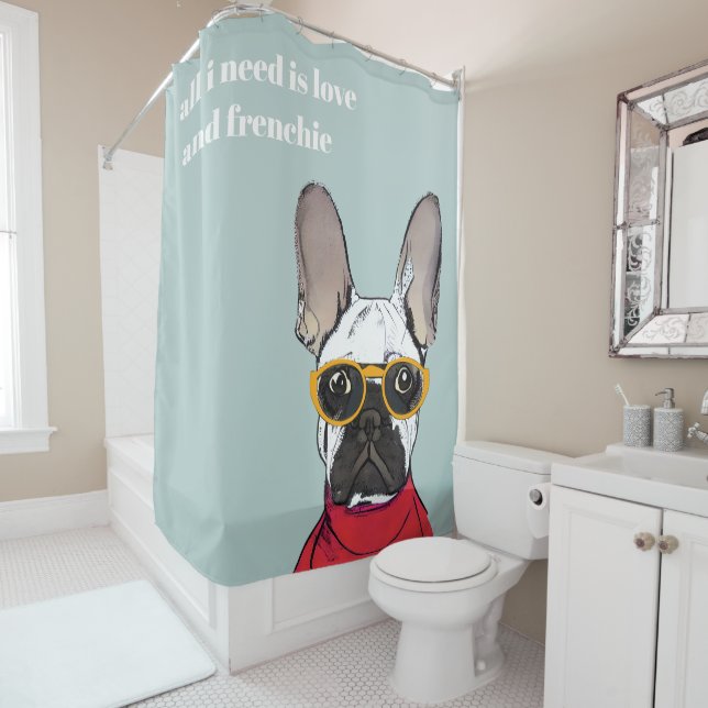 Cute Retro Red French Bulldog With Neon Glasses Shower Curtain (In Situ)