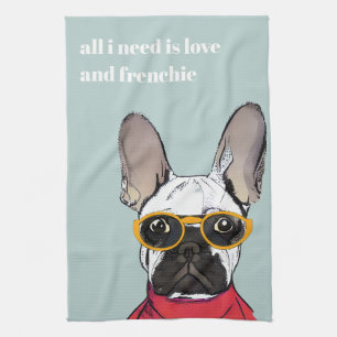 Cute Retro Red French Bulldog With Neon Glasses Tea Towel