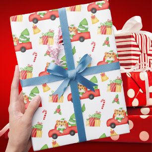 Cute Retro Red Truck and Tiger Christmas Wrapping Paper