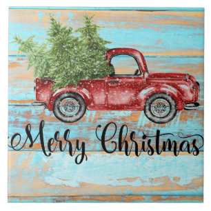 Cute Retro Red Truck Country Christmas Tile