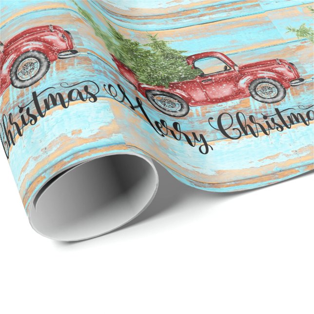 Cute Retro Red Truck Country Christmas Wrapping Paper (Roll Corner)