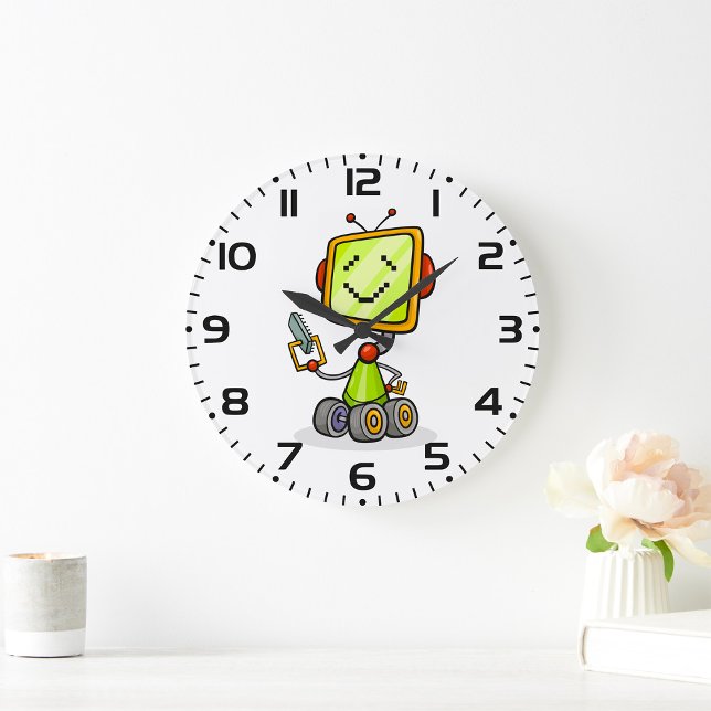 Cute Retro Robot Cartoon Fun AI Tech Digital Art  Large Clock (Creator Uploaded)