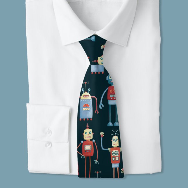 Cute Retro Robot Pattern Dark Tie (Creator Uploaded)